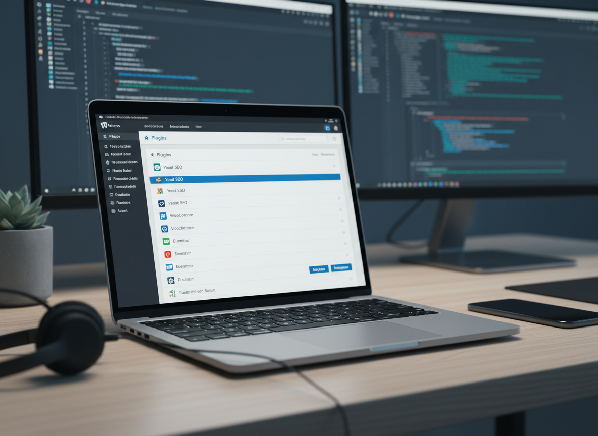 Eine elegante, moderne Arbeitsoberfläche mit einem hochauflösenden Laptop im Vordergrund, dessen Bildschirm eine übersichtliche WordPress-Adminoberfläche mit einem klar strukturierten Plugin-Verzeichnis in deutscher Sprache zeigt. Der Laptop steht auf einem hellen Holzschreibtisch neben einem dezenten schwarzen Headset und einem schlanken Smartphone. Im Hintergrund sind leicht unscharfe Monitore mit Code-Editor und Diagrammen zu sehen, die technisches Know-how andeuten. Weiches, kühles Studiolicht von der Seite erzeugt dezente Reflexe auf Metall- und Glasflächen, die Atmosphäre wirkt professionell, konzentriert und aufgeräumt. Fotografische Realismus, leicht erhöhte Kameraperspektive mit geringer Tiefenschärfe, optimiert für horizontale Darstellung auf modernen, mobilfreundlichen Websites.